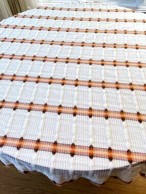 Vintage 1970s curtain, white orange yellow stripes, fluffy mesh, single panel